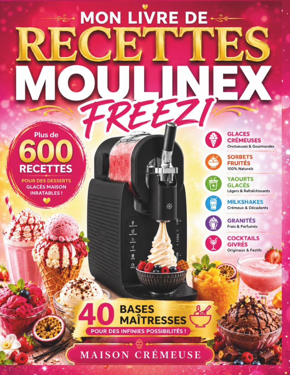 MON LIVRE DE RECETTES MOULINEX FREEZI: Plus de 600 Recettes de Glaces, Sorbets, Yaourts Glacés, Milkshakes, Granités et Cocktails Givrés avec 40 Bases ... d’Expert pour Réussir Chaque Préparation