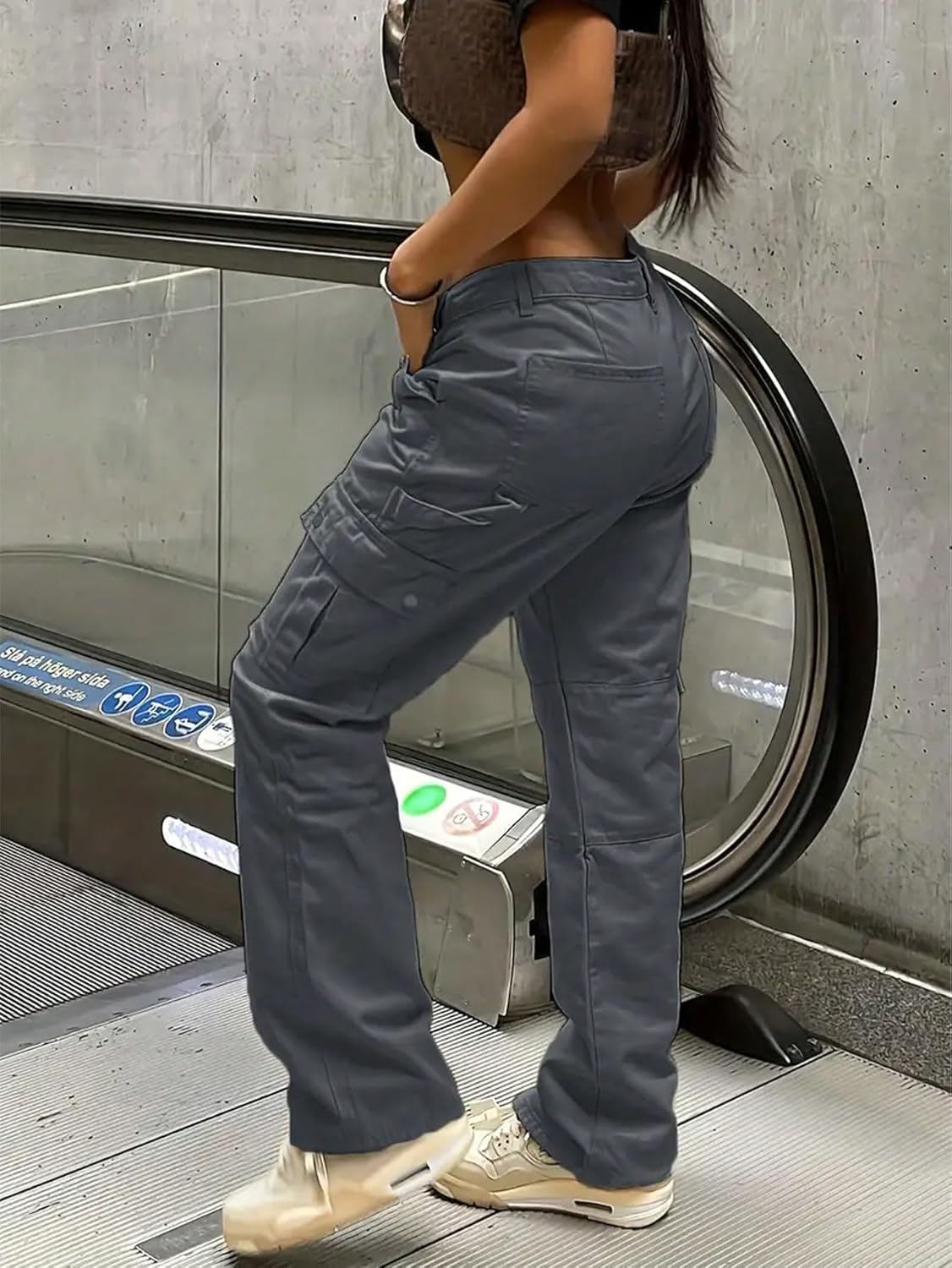 Women's Cargo Pants Loose Mid Waisted Denim Jeans Boyfriend Straight Trousers Pant Legs Drawstring with Multi-Pockets