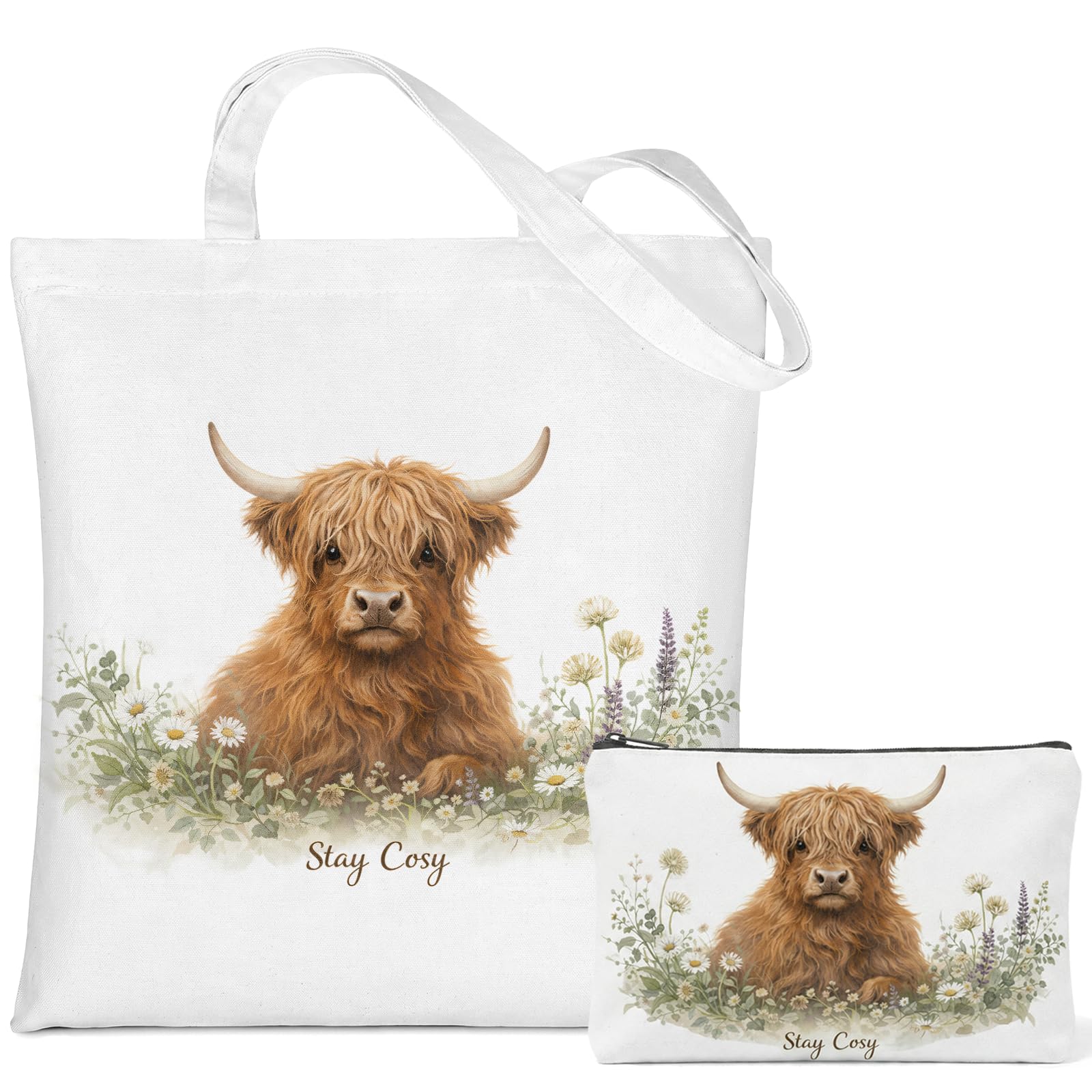 Runovate Highland Cow Gift Tote Bag and Makeup Bag Set