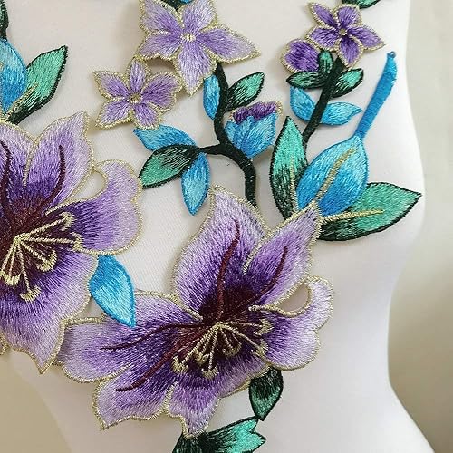 Miniatura 3 de 2pcs púrpura hermosas flores bordadas apliques de costura parches (estilo B)