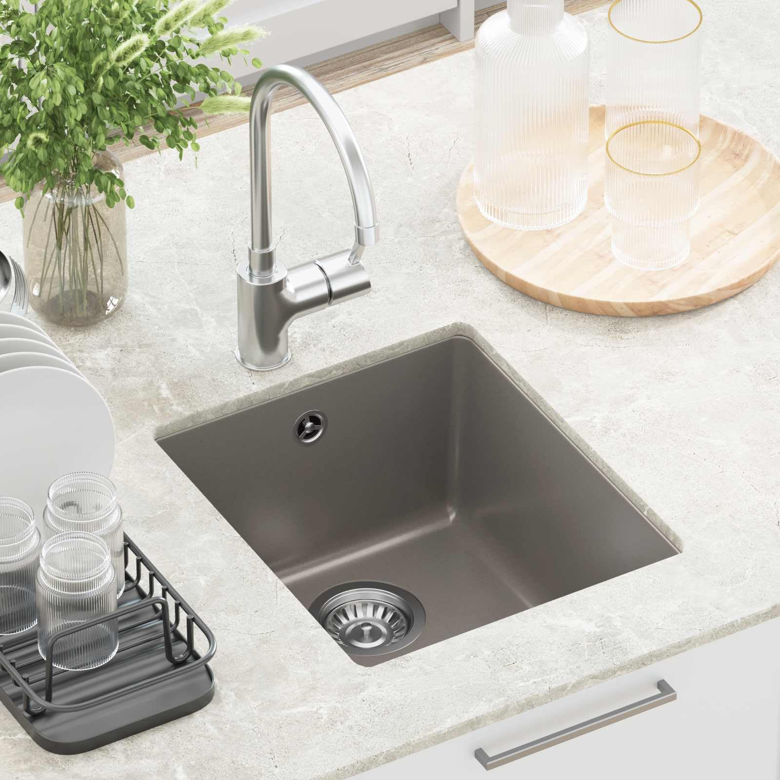 Fregadero empotrable gris 370 x 460 mm con 80% cuarzo y 20% resina, fregadero de granito con desagüe, juego de accesorios y sifón para cocina, lavadero, exterior y camping