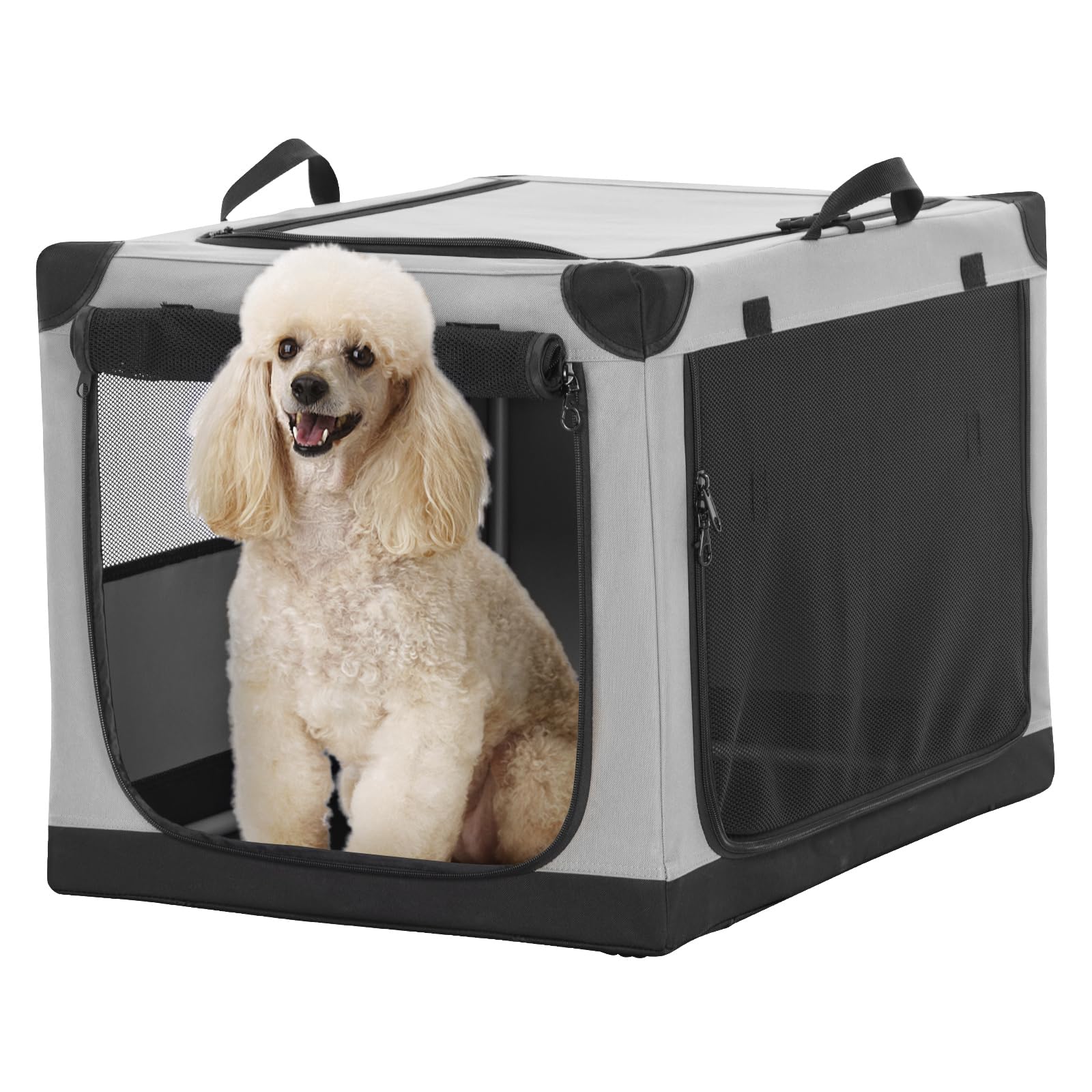 Petsfit Dog Crates Medium Size, Adjustable Fabric Dog Crate by Spiral Iron Pipe, Cat Cages Indoor 3 Door Design Travel Dog Crate 76 cm L x 50 cm W x 49 cm H Grey