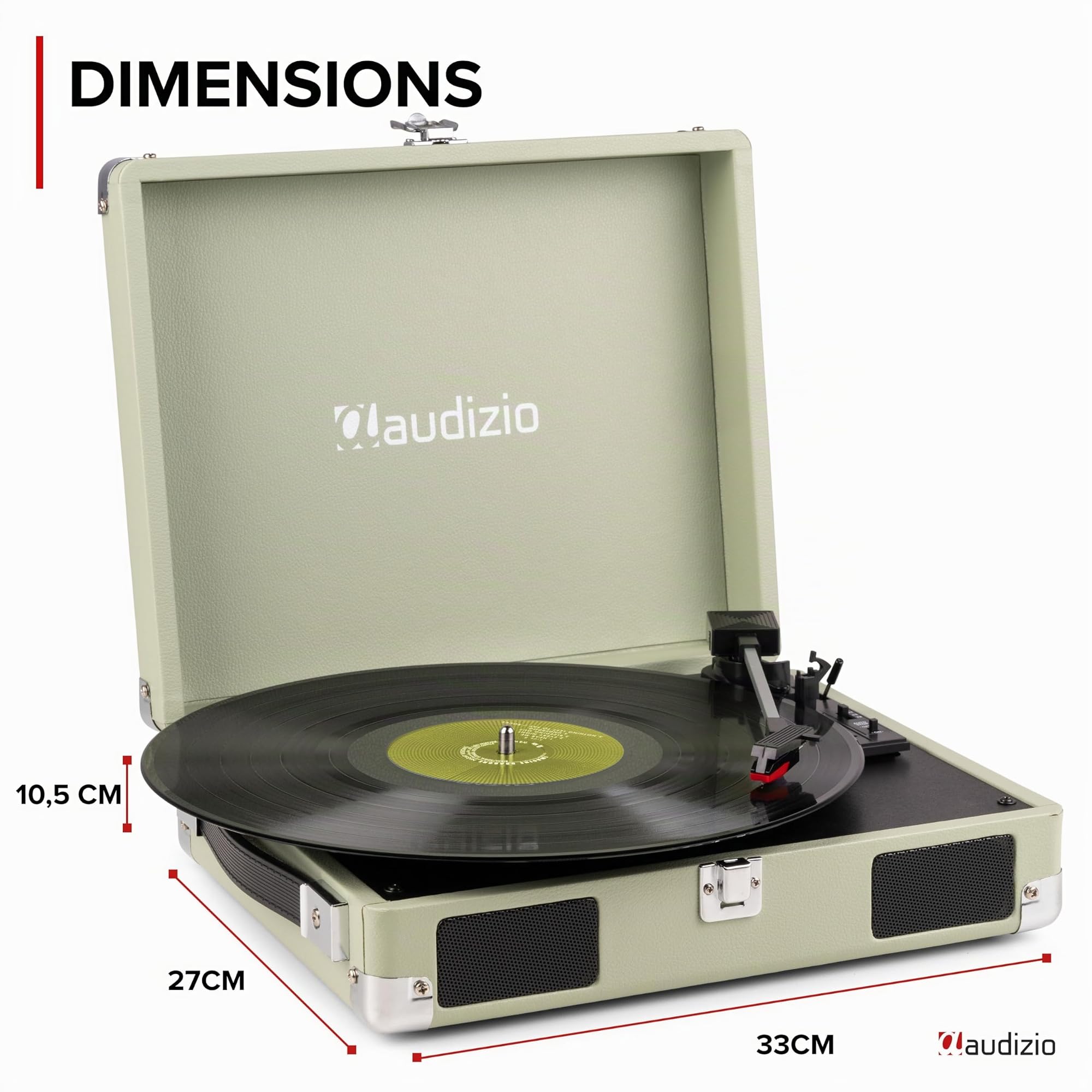 Audizio RP111W Platine Vinyle Valise Rétro Bois Vert avec Haut-Parleurs Intégrés, 3 Vitesses 33, 45, 78 Tours, Sortie RCA et Casque, Portable, Idéale pour Écouter Ses Vinyles Partout