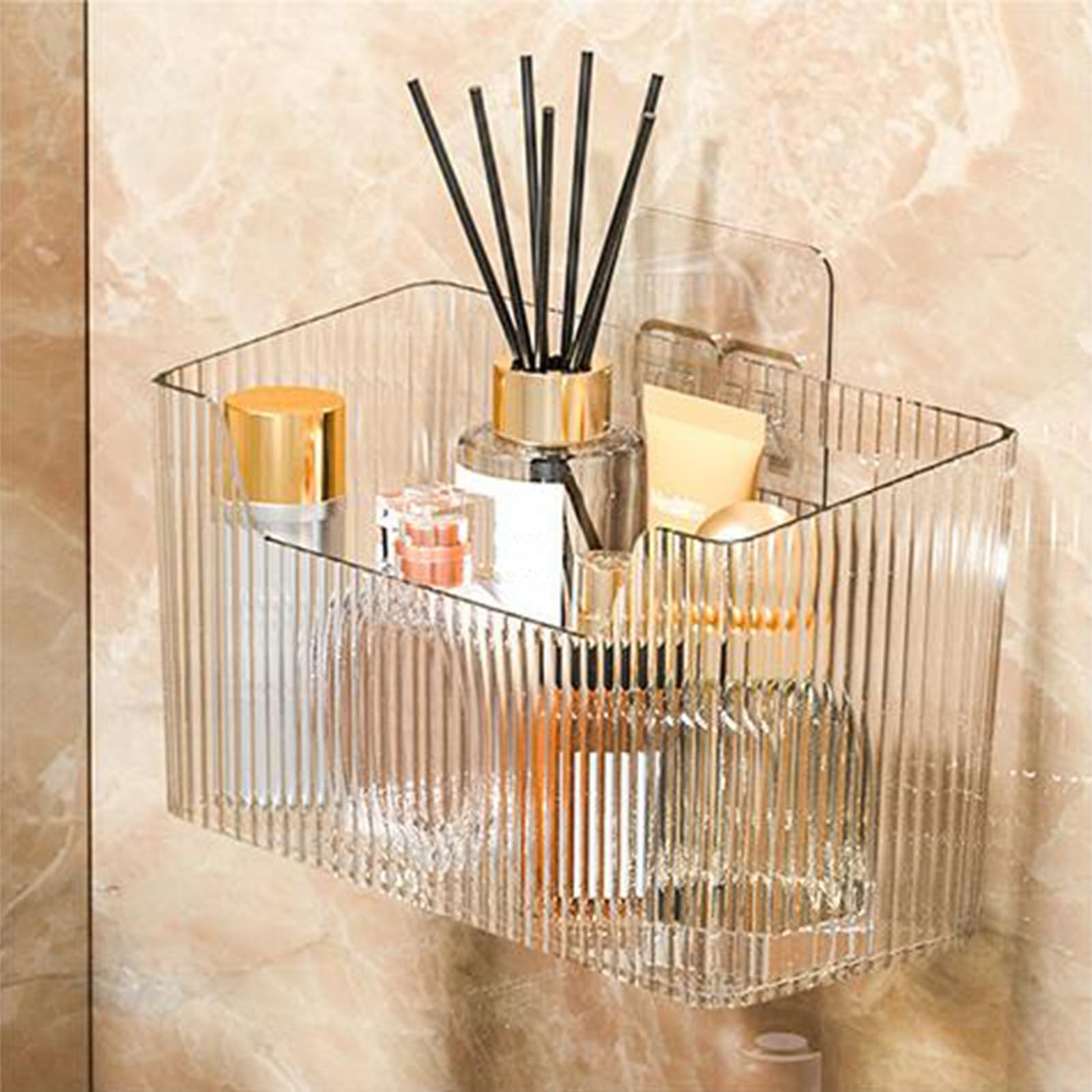 Adhesive Shower Caddy - Shower Shelves - Wall Mounted Small Storage Organizer Box - Plastic Basket Bottom Open