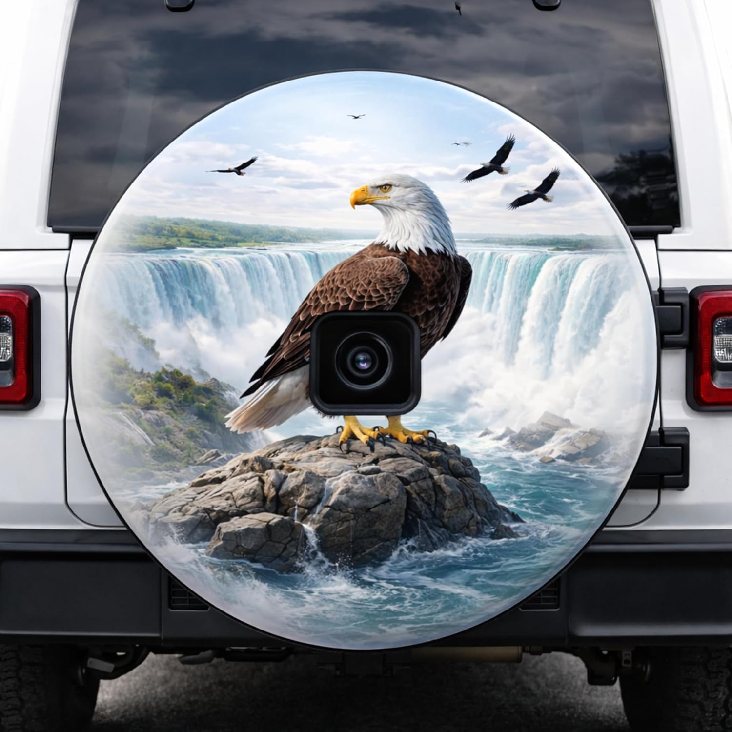 ThangPham Shop Bald Eagle and Mountain Spare Tire Cover with/Without Backup Camera Hole – Patriotic Wildlife Wheel Cover, America Forest Landscape Truck