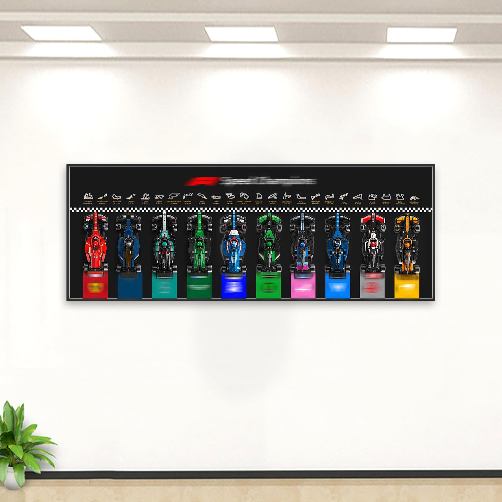 NOVDA Display Frame Compatible with Lego F1 Speed Champions 10 Racing Car Models77242-77251, 43.31x15.75 Inch Wall Mount Wall Board for Collection Rooms, Living Rooms&Offices (Black Excluding Models)
