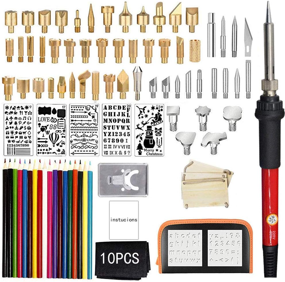DjfLight 60w Adjustable Pyrography Pen, Electric Soldering Iron Carving Pyrography Tool Set, 94 Pcs Kit Wood Embossing Burning Soldering Pen Set Welding,Red