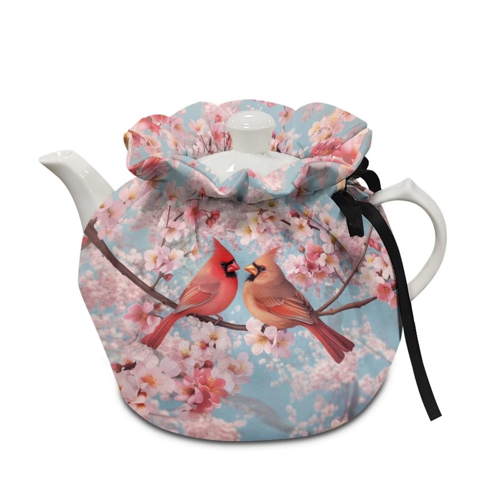Xoenoiee Cardinal Bird Cherry Blossom Print Tea Cozy Cotton Tea Cosy for Teapots Keep Warm Teapot Cover Insulated Kettle Cover for Home Kitchen Table Decor