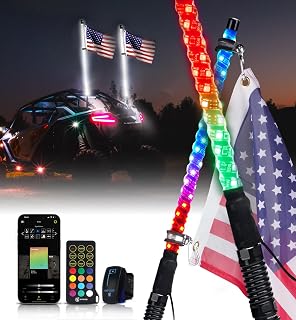 Xprite 2PC 2FT RGBW LED Whip Light with Spring Base, App & Remote Control Stop Turn Reverse Brake Lights Chasing Antenna Lighted Whips, Compatible with SXS ATV UTV Polaris RZR Can-am Jeep