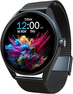 Titan Crest 1.43” AMOLED Smart Watch with BT Calling, AI Morning Briefs, Functional Crown, Health Tracking, Aluminium Body, 100+ Sports Modes, Smartwatch for Men and Women - Black Mesh Strap
