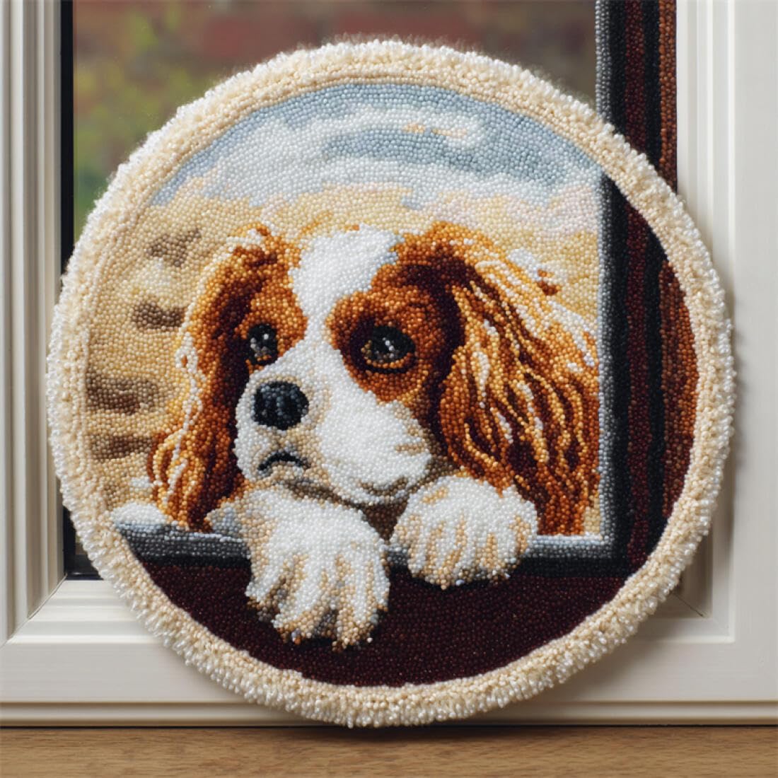 Rqwybcaxn DIY Rug Latch Hook Kits for Adults Animal Needlework Kit Cartoon Cavalier King Charles Spaniel 50x50cm Round Tapestry with Crochet Hook Living Room Craft Gift