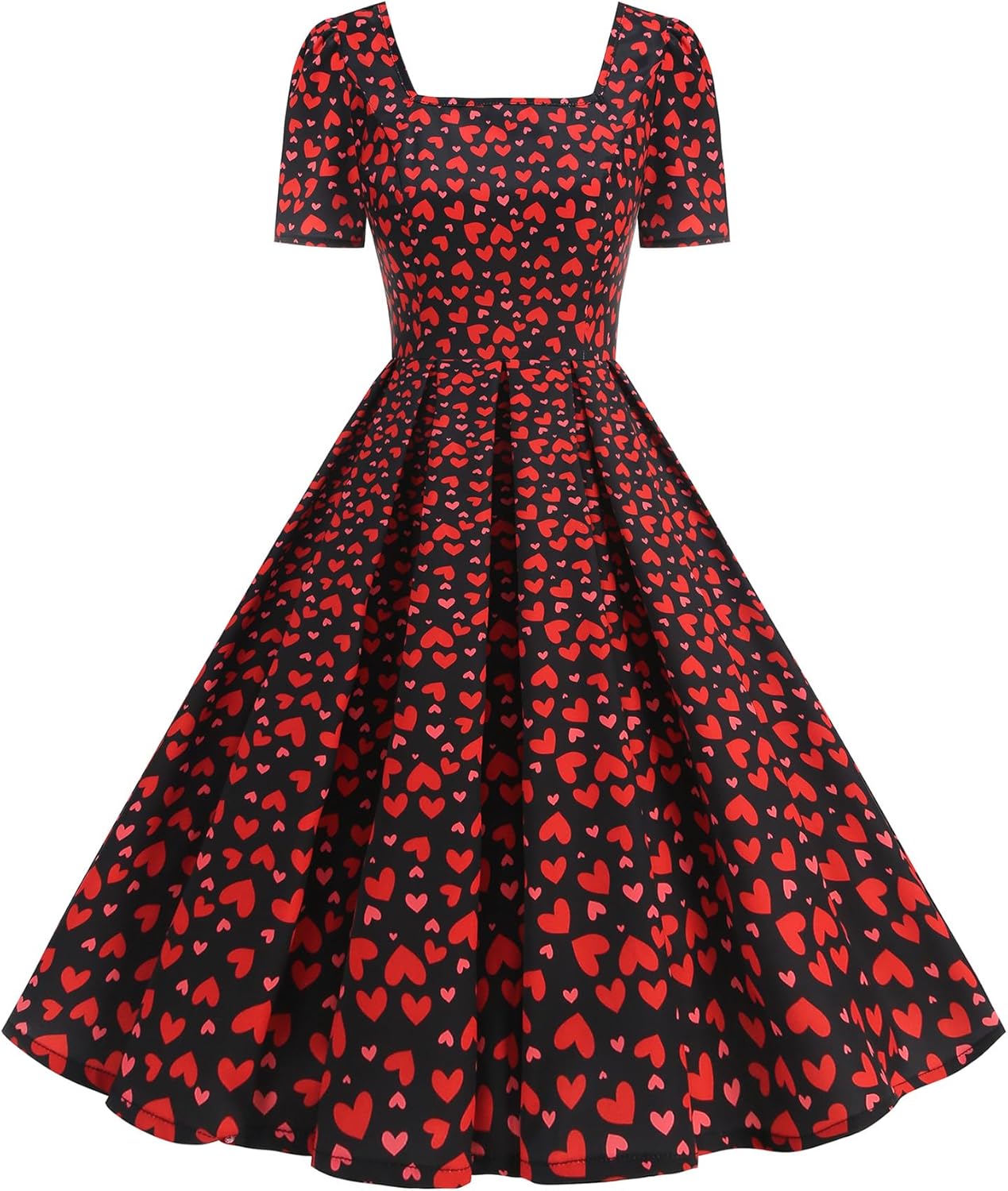 1950s Dresses for Women Vintage Heart Print Short Sleeve Square Neck Swing Dress Retro Valentine’s Day Gifts Outfits