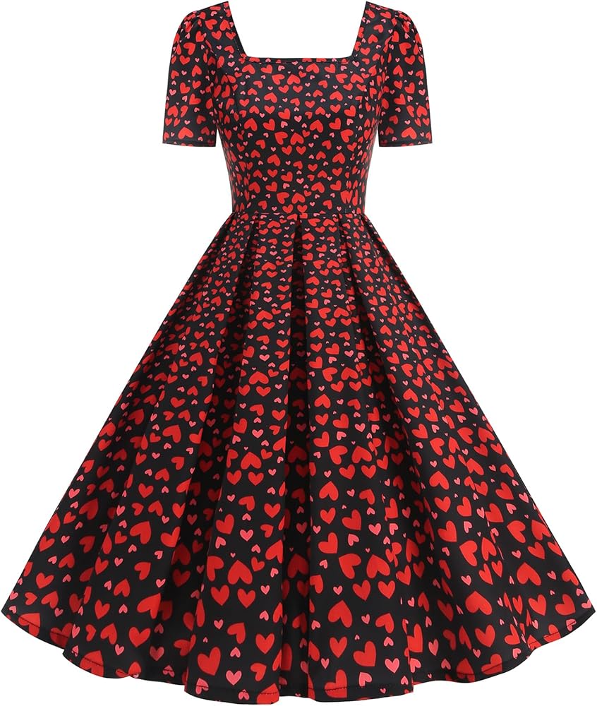 1950s Dresses for Women Vintage Valentine 's Day Dress Retro 50's Style  Heart Print Short Sleeve Square Neck Audrey Hepburn Rockabilly Tea Party  Dresses for Woman Church Cocktail Dress Black S at