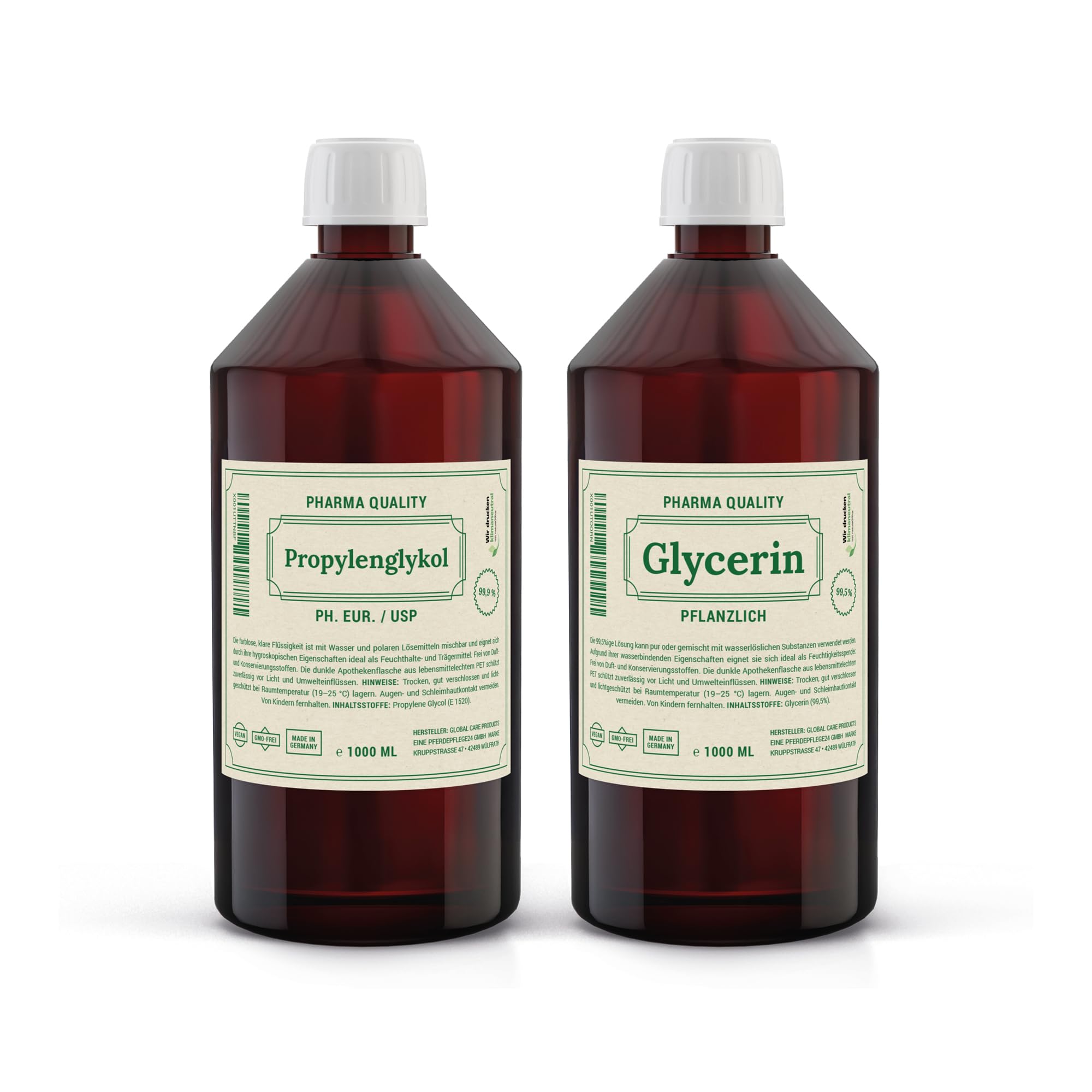 Viroxidin Glycerin 1l + Propylenglykol 1l - VG PG Set in Pharmaqualität hergestellt in Deutschland - Hochreines Pflanzliches Glycerin E422 + Propylenglykol E1520-0% Zusatzstoffe