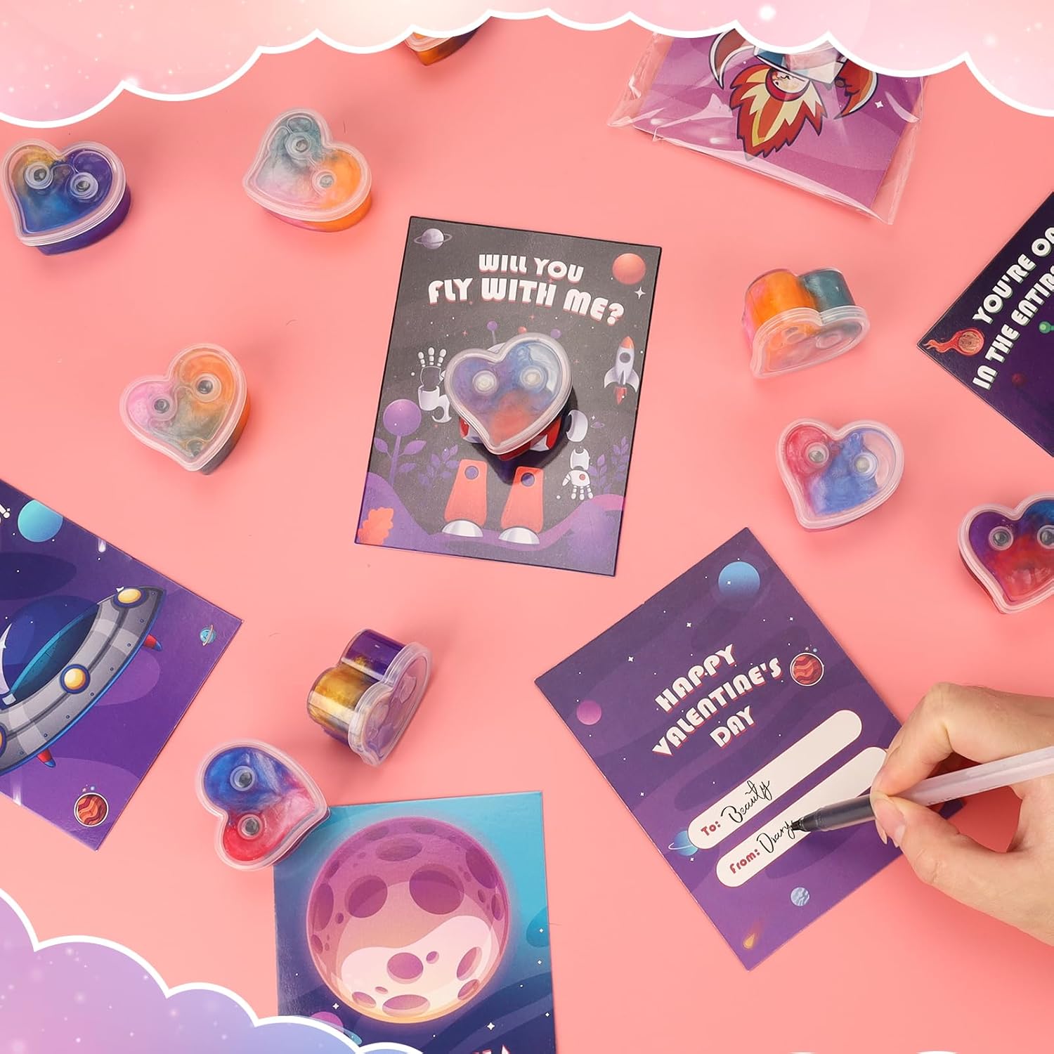 30 Pack Valentines Day Gifts for Kids Classroom, Galaxy Slime Valentines for Kids with Valentine Day Cards for School, Class Valentine's Day Exchange Party Favors