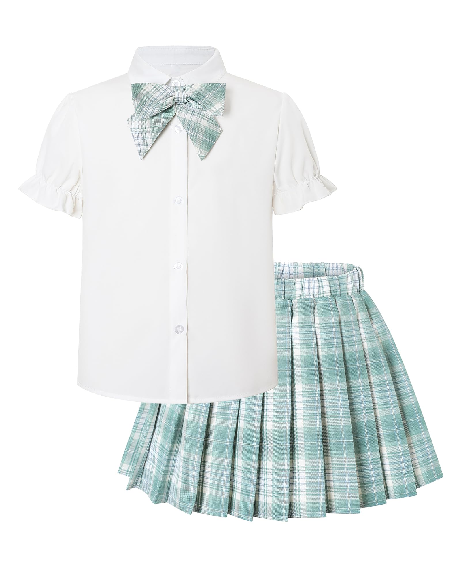 Betusline Girls JK Uniform Outfit, Shirt with Bow &amp; Pleated Skirt,4T-16Y