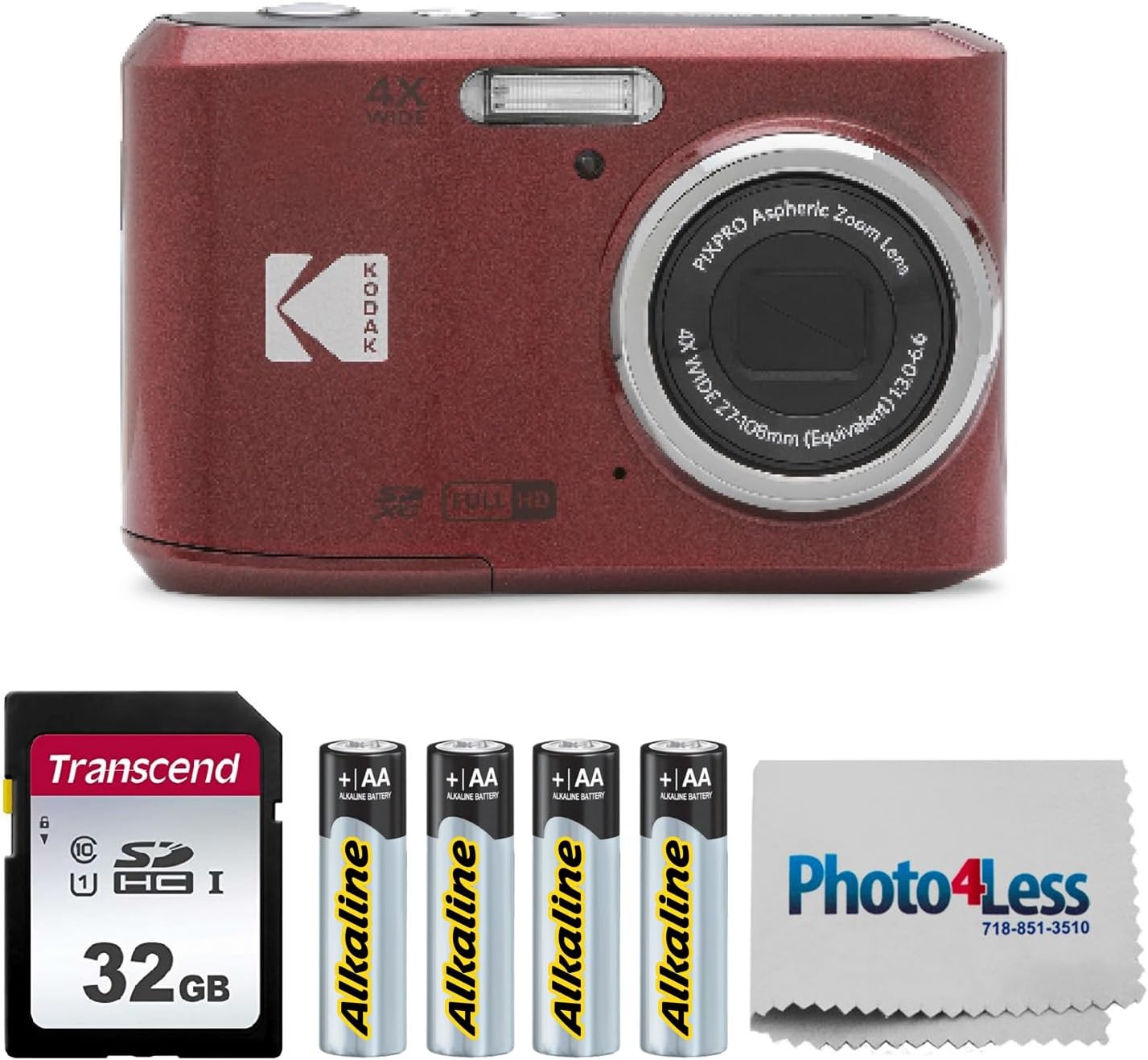 PIXPRO FZ45 16MP Digital Camera with 4X Optical Zoom 27mm Wide Angle and 2.7" LCD Screen Bundle with 32GB SD Memory Card, AA Batteries (4 Pack), Lens Cleaning Cloth (Red)