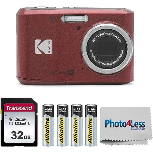 KODAK PIXPRO FZ45 16MP Digital Camera with 4X Optical Zoom 27mm Wide Angle and 2.7" LCD Screen Bundle with 32GB SD Memory Card, AA Batteries (4 Pack), Lens Cleaning Cloth (Red)