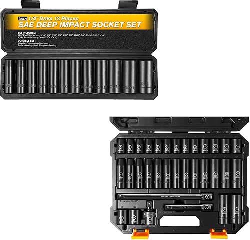 BOEN Juego de llaves de impacto de 12", juego de 45 piezas  SAE 516" a 1"  métrico 8 a 0.866 in, barras de extensión, junta universal, 6 puntos,