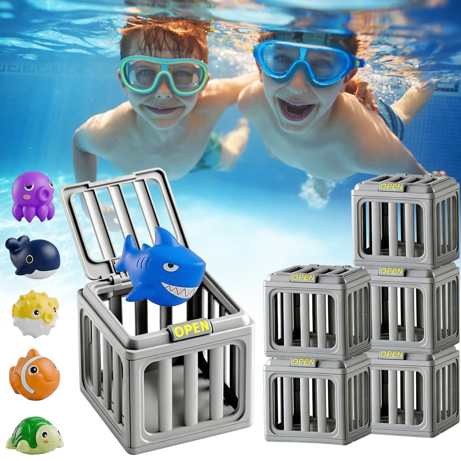 Unterwasser Rettung Tauchspielzeug, Tauchspielzeug Poolspielzeug für Kinder, Bunte Tier Tauchfiguren TauchspielzeugSet, Pool Käfigspielzeug mit Schwimmenden Tieren, Sommer Pool Badewanne