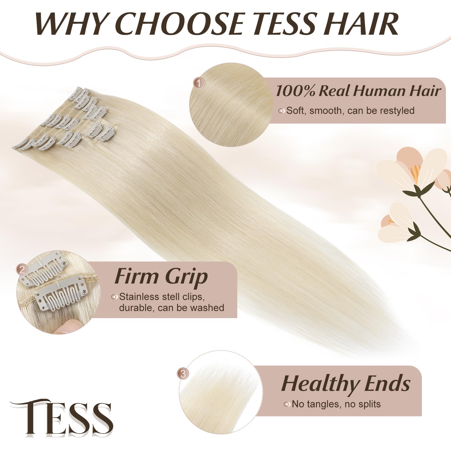 TESS Clip in Hair Extensions Real Human Hair Blonde Remy Seamless 8 Pieces Straight Long for Women/Girls (#60 Platinum Blonde - Image 3