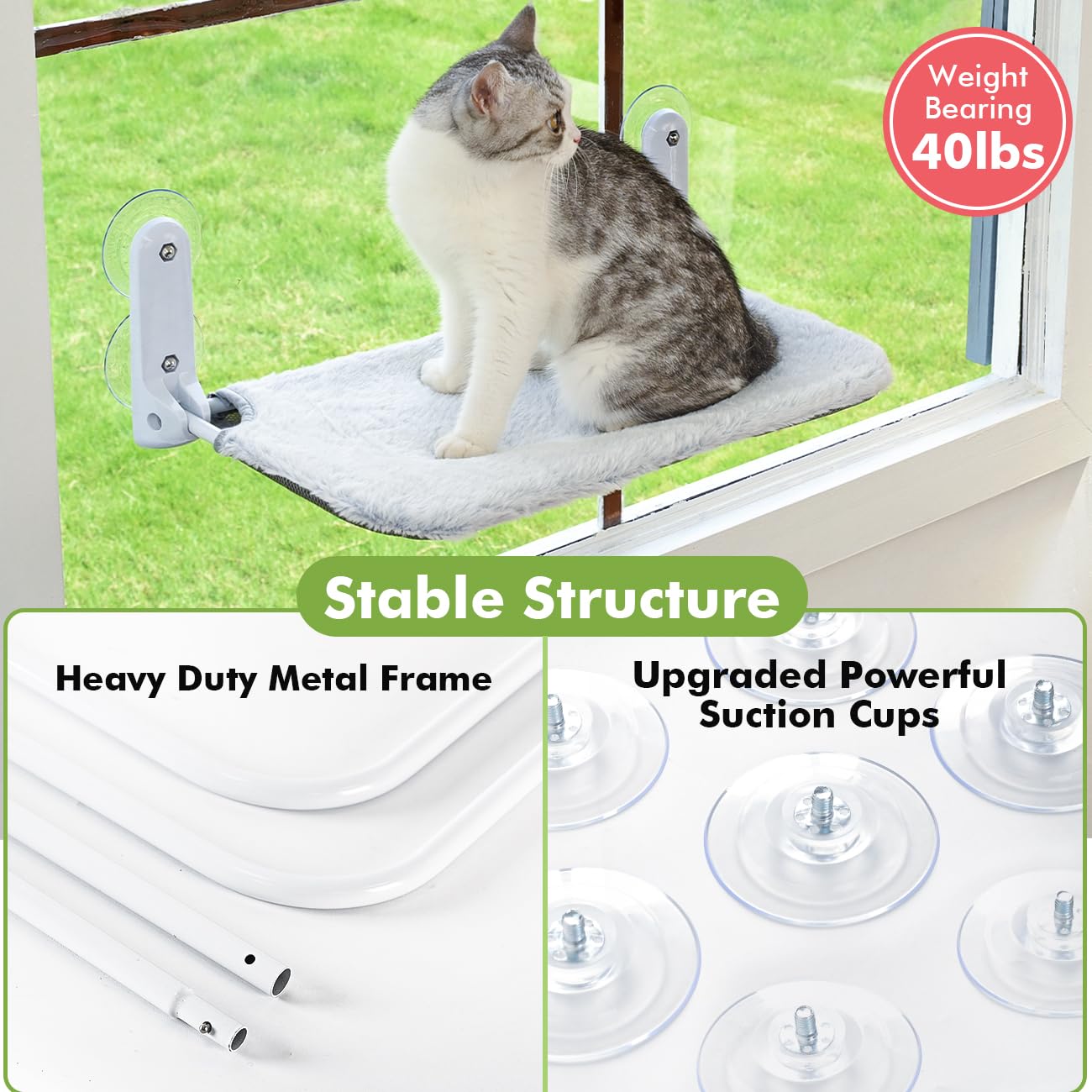 2PC Cat Window Perch Cordless Foldable Cat Hammock Bed for Window with Metal Frame and Reversible Cover, Large Suction Cups Window Resting Seat for Indoor Cats (Cat Bed, M-2PC) - image 3