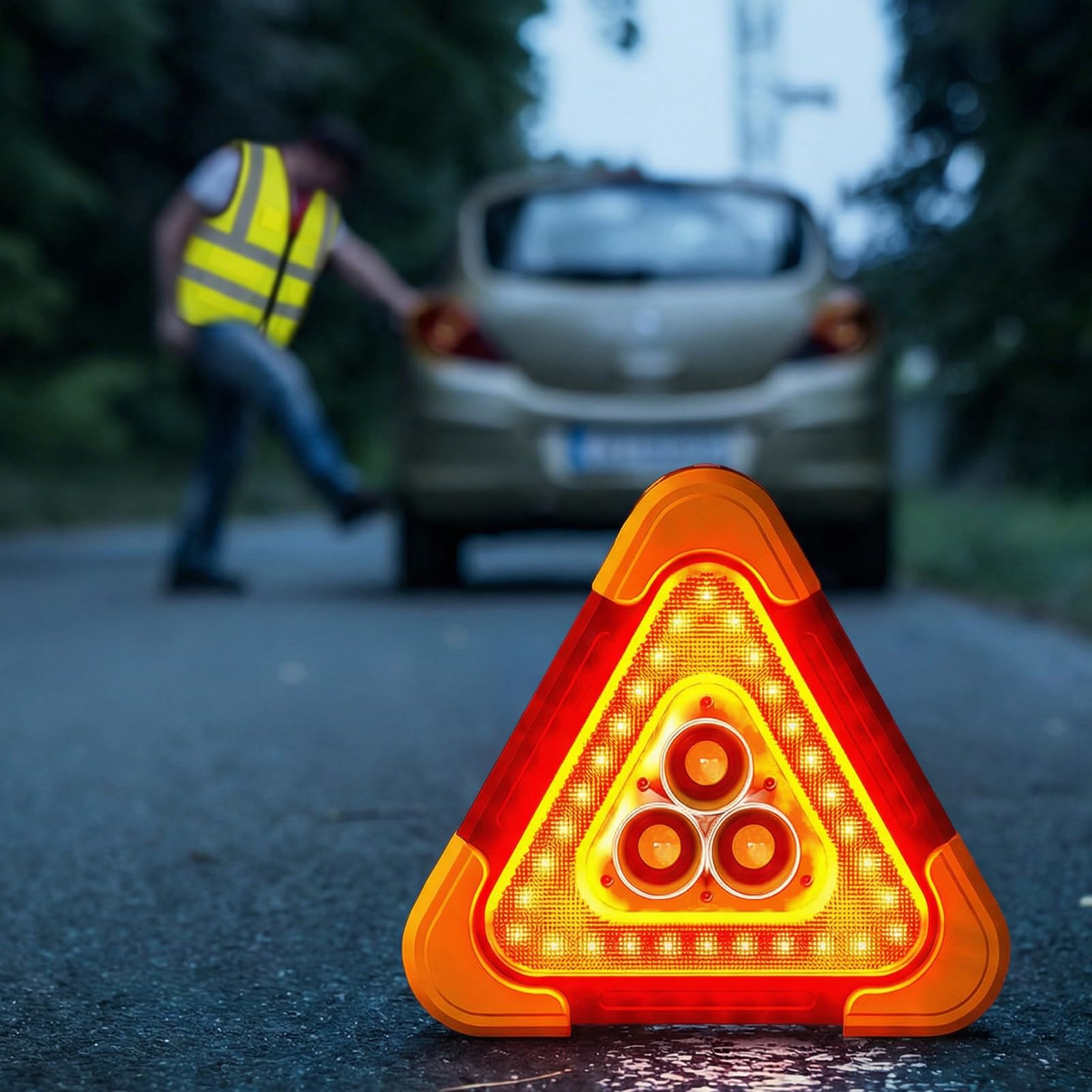 LED Warndreieck Auto Kfz mit Warnwesten Auto, 2-in-1 Solar Pannendreieck mit 4 Lichtmodi & SOS Funktion, Klappbares Tragbares Notfalllicht, Sicherheitsleuchte für Pannenhilfe,Auto,Camping & Reparatur