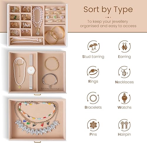 Miniatura 4 de Souroyea Organizador de joyas de 3 capas, organizador de joyas con tapa de vidrio, joyero con organizador de aretes, 2 cajones, cajas de joyería y