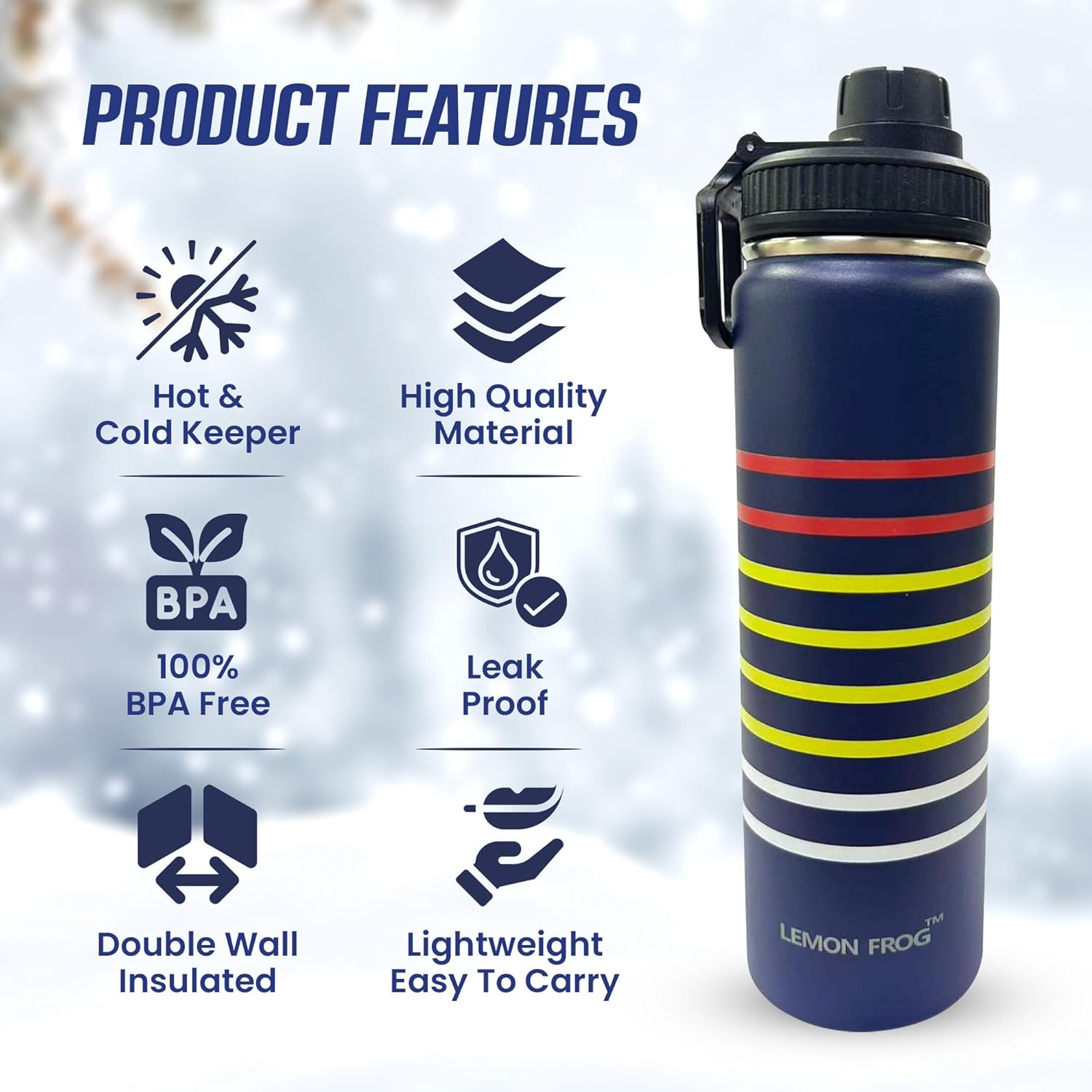 Stainless Steel Water Bottle-24oz Double Insulated, Keeps Cold 24Hrs, Hot 12Hrs, Leak-Proof, BPA-Free, Reusable, Easy-Twist Spout Lid & Handle- Travel, Gym, Office, Outdoor use (Denim Blue) - Image 3