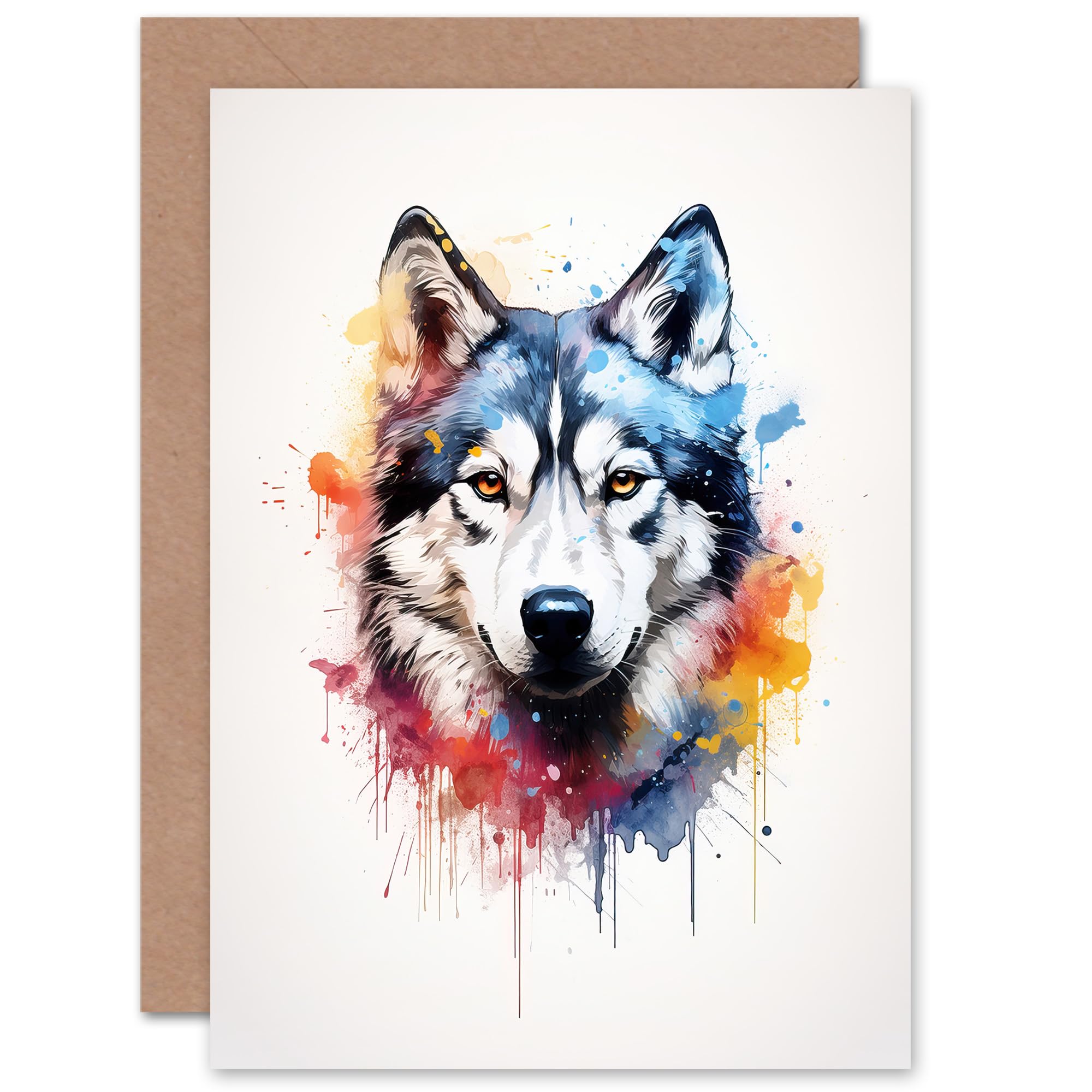 Artery8 Husky Lovers Gift Watercolour Pet Portrait Painting Artwork Sealed Greeting Card Plus Envelope Blank inside