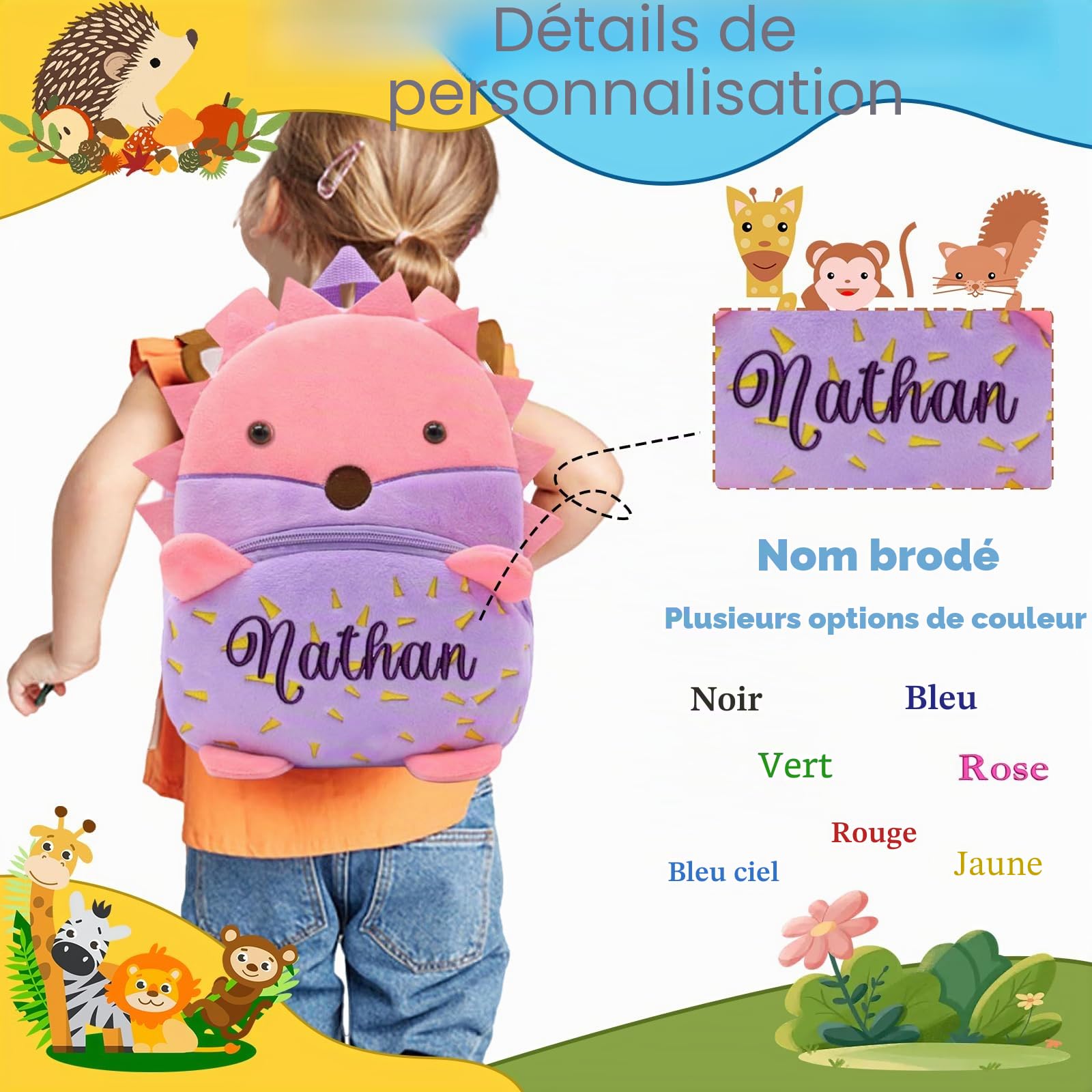 Brodé Sac a dos Personnalisé Enfant avec Nom Brodé,Sac à dos Bebe Crèche Personnalisable, Cadeau de fournitures pour la Rentrée Scolaire,15 Styles de Sacs d'école avec Animaux#1