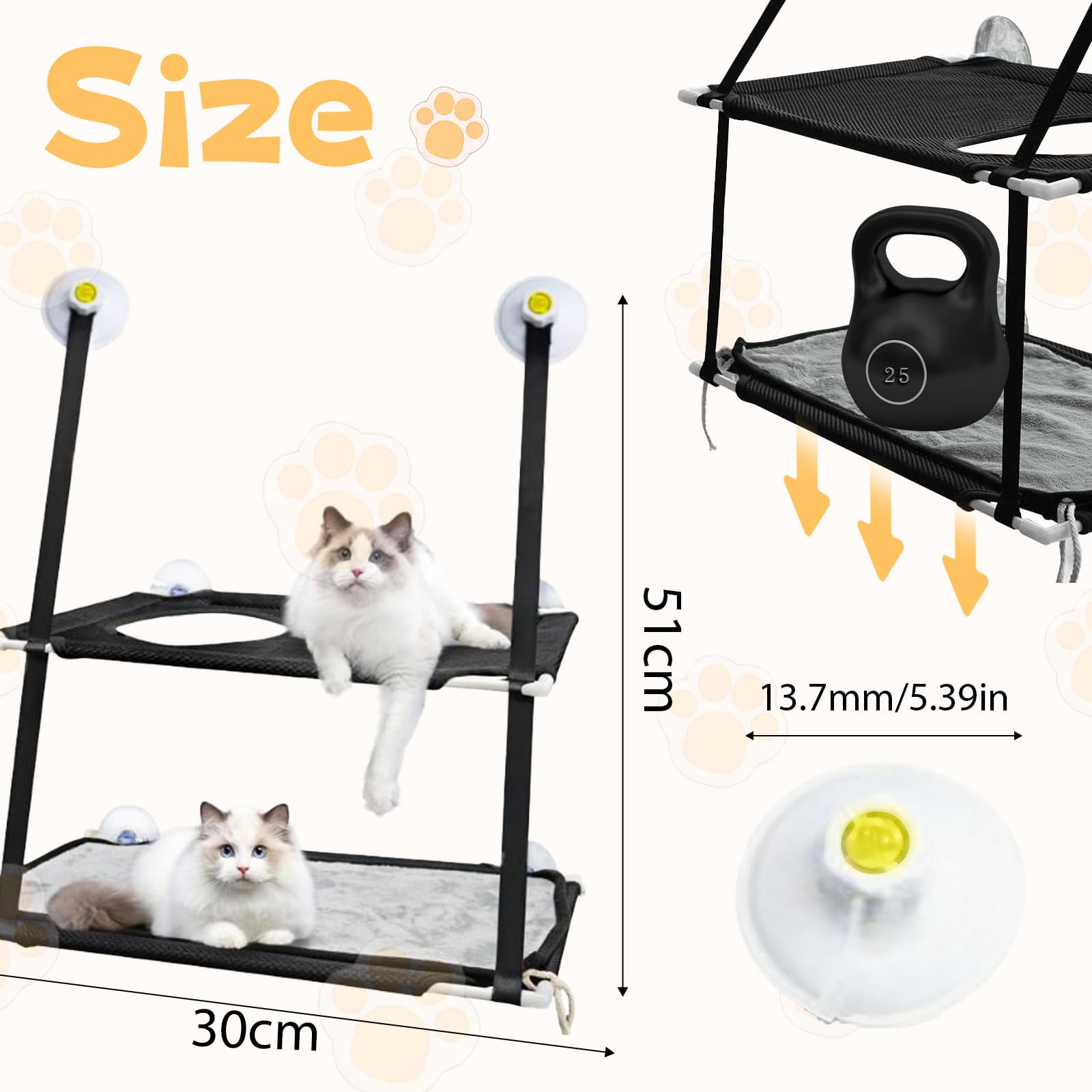 Fenster Katzenhängematte für Katzen bis 25kg,Doppellagiges Katzen Hängematte für Katze in Innenräumen,Verstärkte Katzens Fensterplatz mit Starkem Saugnapf,51 X 31 cm,Fensterbankliege Katze