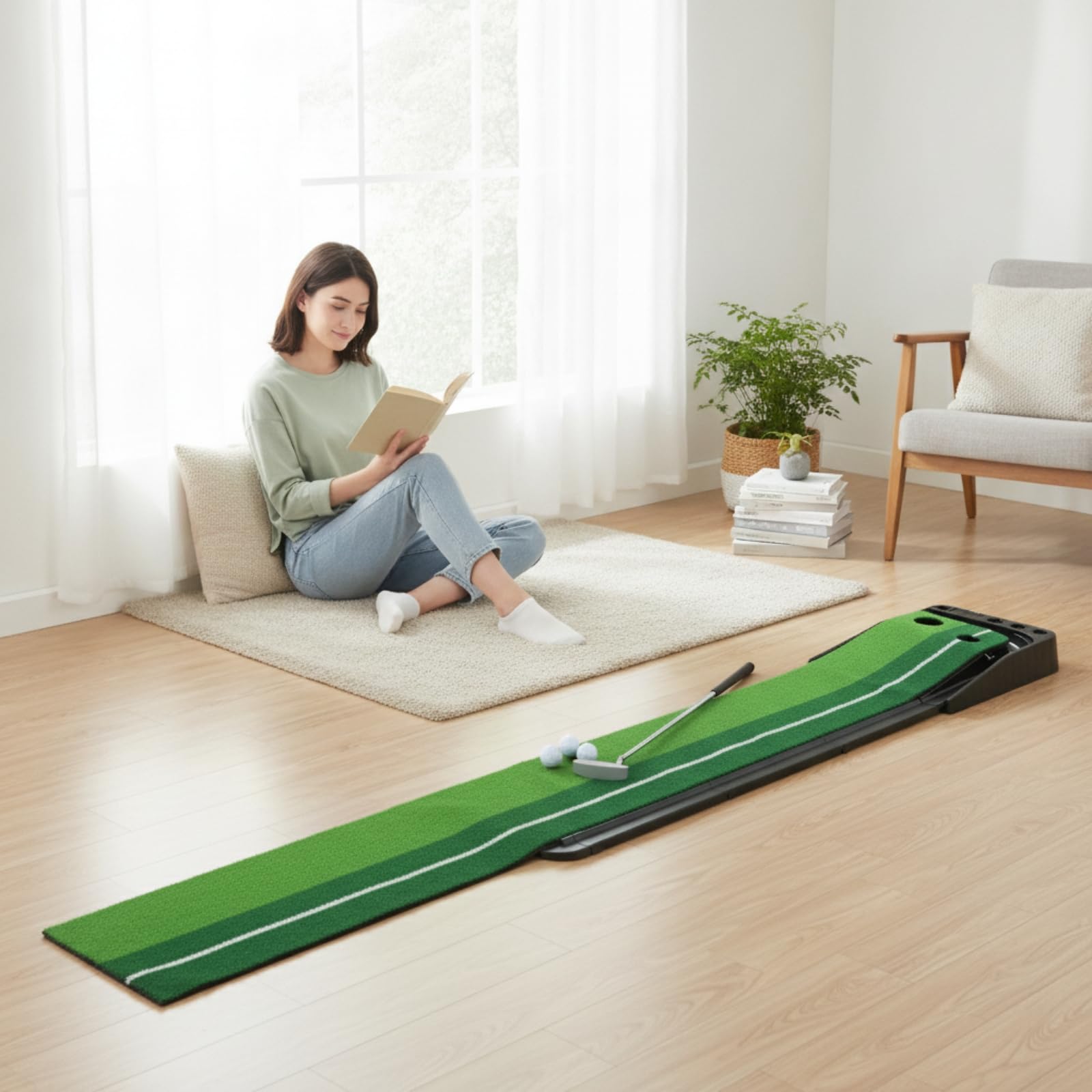 Entrenador de Putt de Golf Alfombra de Putting Tapete de Práctica Colchoneta de Entrenamiento Guía de Alineación con Línea Blanca Césped de Imitación