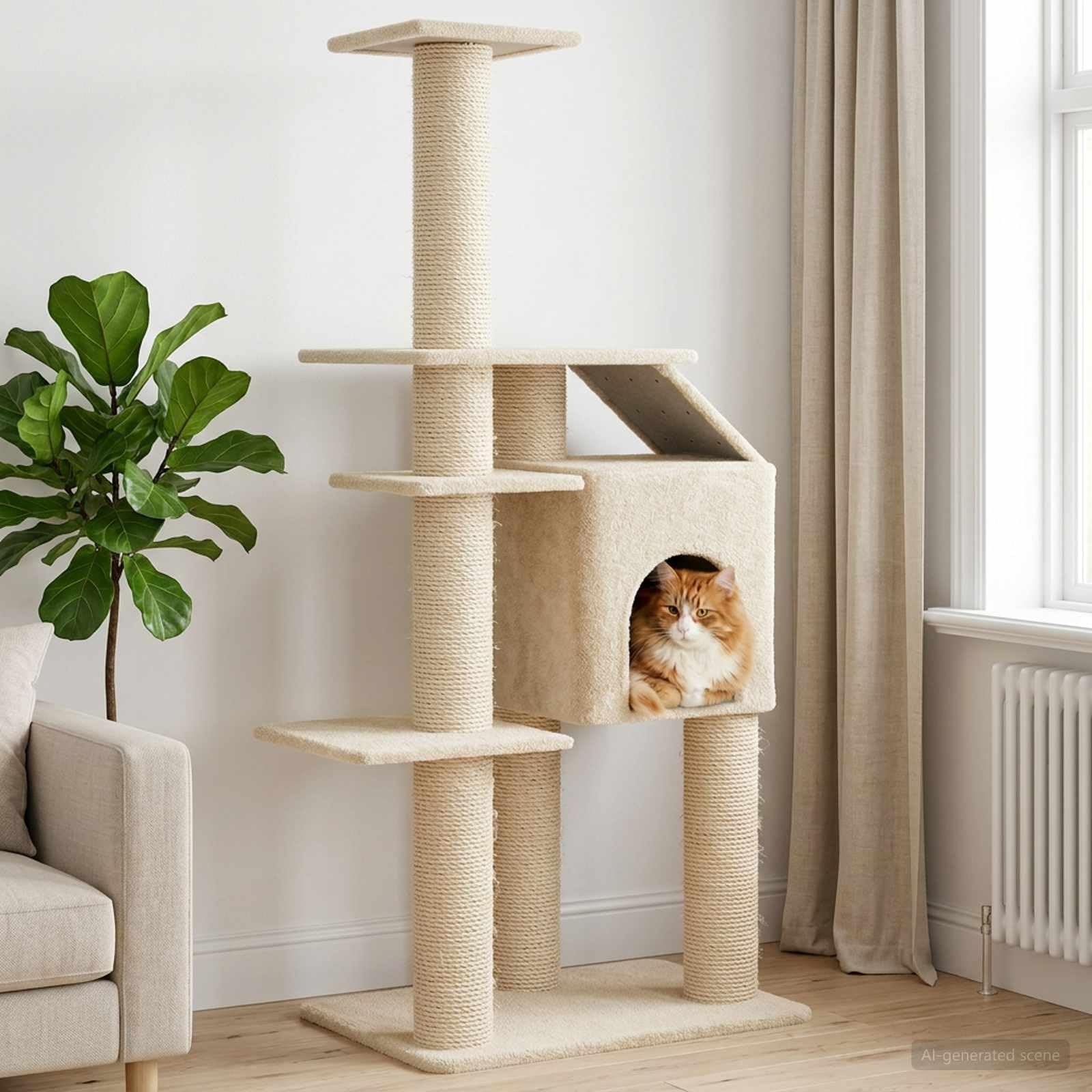 Árbol para gatos con columnas rascadoras de sisal, color crema, 183 cm de altura, muebles rascadores de varios pisos con cueva para gatos y superficies de descanso, árbol de escalada estable