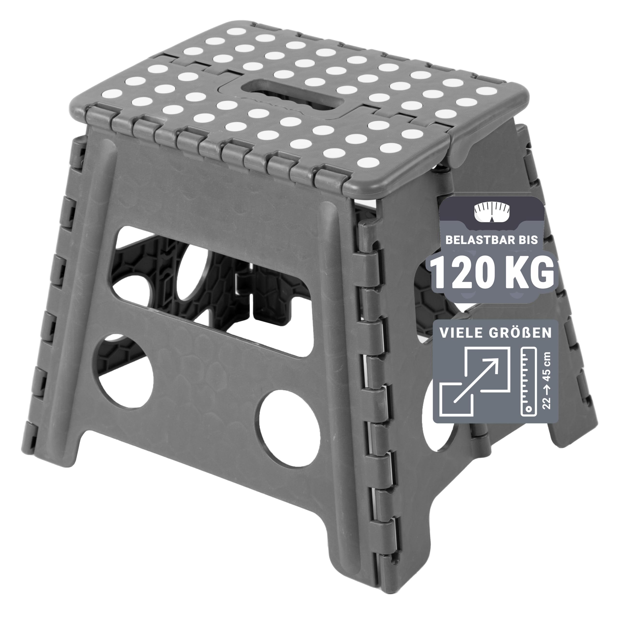 ZOLLNER Tritthocker faltbar - Klapphocker für Kinder und Erwachsene bis 120kg - Anti-Rutsch-Beschichtung - mit praktischem Tragegriff - extrem leicht - 30 cm hoch - Kunststoff - anthrazit