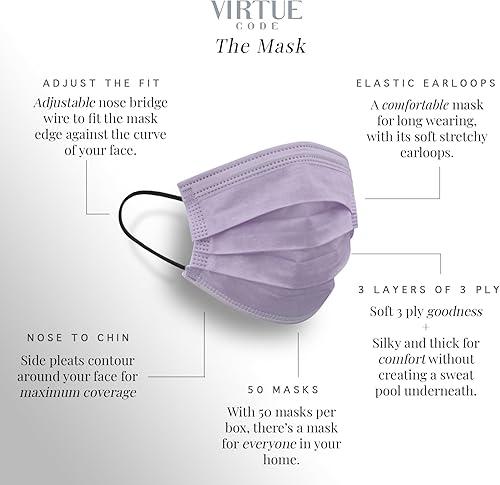 Miniatura 4 de VIRTUE CODE Mascarillas de apoyo, suaves y cómodas de 3 capas, coloridas desechables, paquete de 50 unidades. Colores pastel para adultos, hombres y