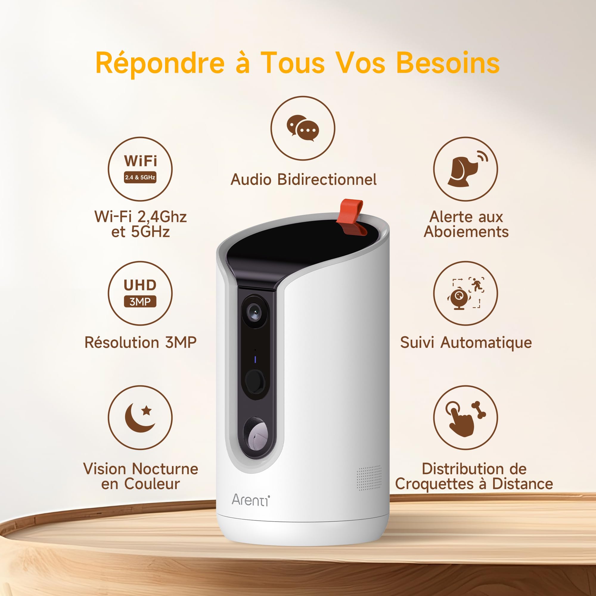 ARENTI Distributeur Automatique de Croquettes pour Chat avec Caméra WiFi, Caméra de Surveillance avec Distributeur, Alertes Intelligentes/Vision Nocturne, Audio Bidirectionnel, Alexa