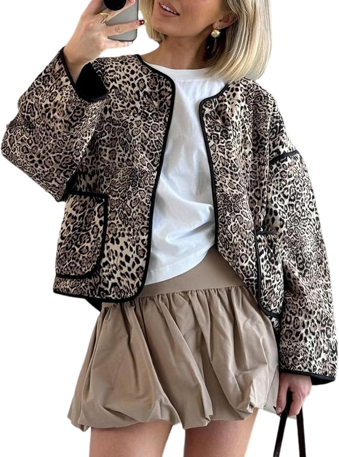 Yimoon Leopard Lightweight Quilted Jackets for Women Open Front Long