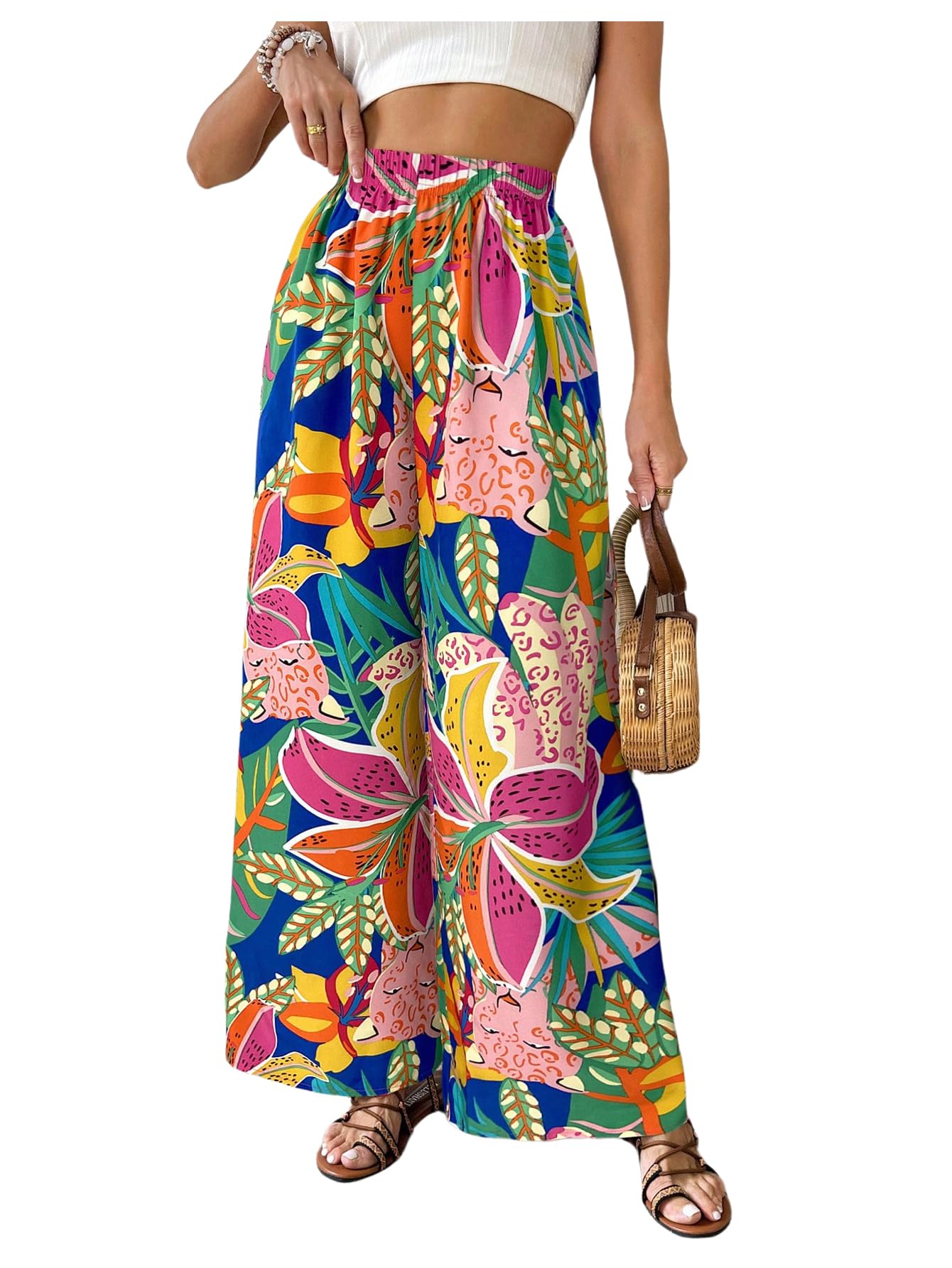 Verdusa Womens Hawaiian Tropical Beach Palazzo Pants Flowy Boho Summer Wide Leg Trousers