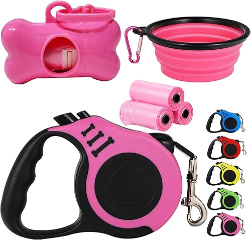 Miniatura 7 de Correa retráctil resistente para perros, cinta de nailon sin enredos, mango antideslizante, con dispensador de bolsas de basura para perros pequeños