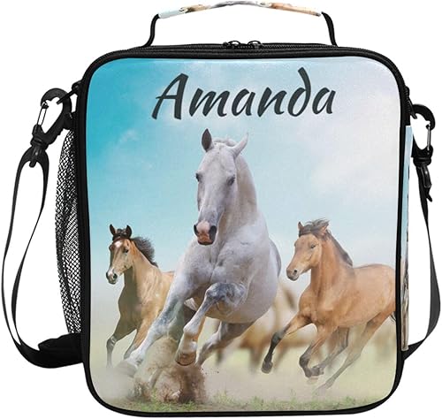 Lonchera personalizada con diseño de caballos, caballos, animales, con nombre personalizado, bolsa de almuerzo aislada para niñas, bolsa de almuerzo