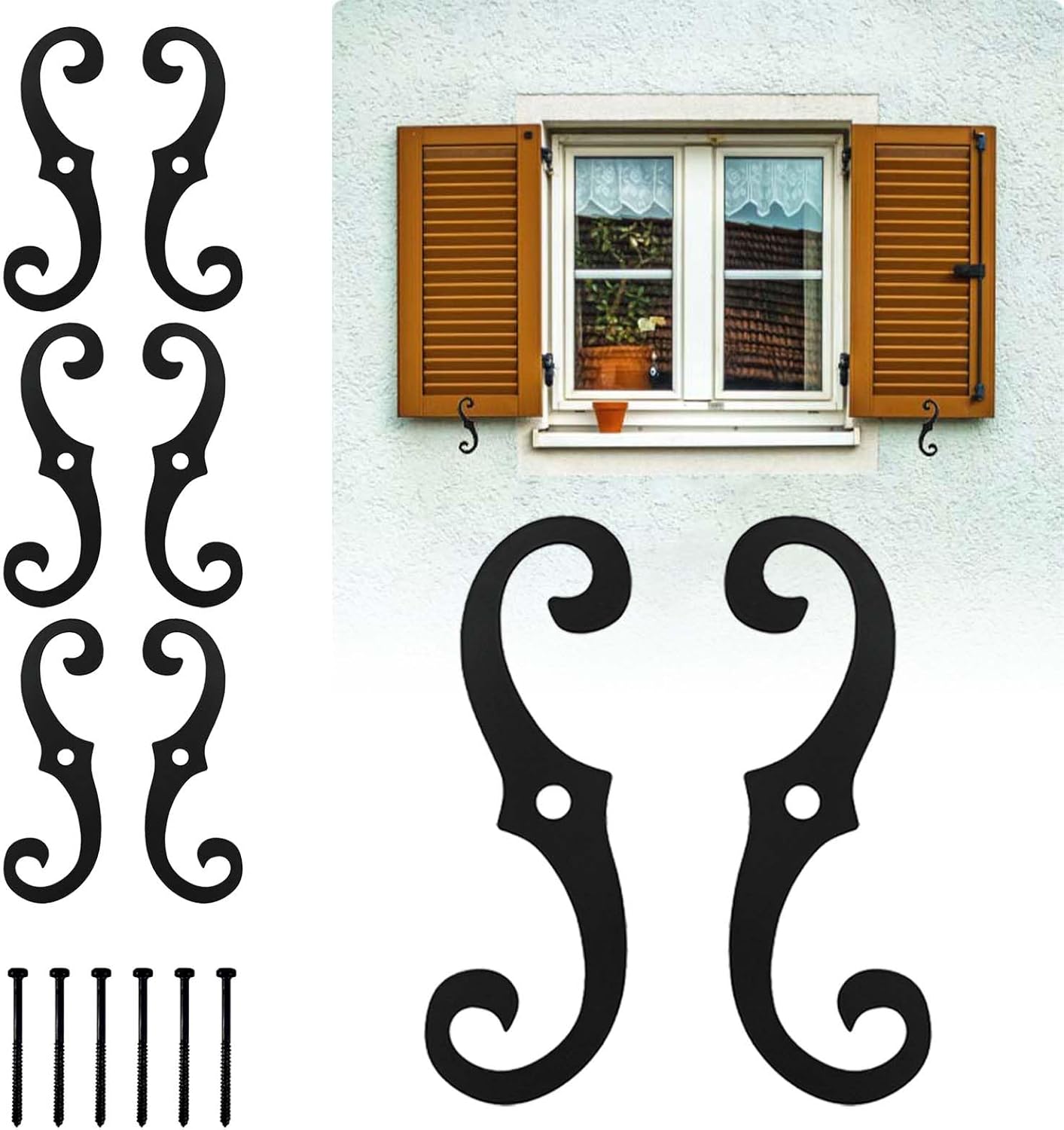 6 Pcs Shutter Dog Fasteners Hardware, 6.5" Black S Style Shutter Tieback Hardware for Windows Outside External Shutters Tieback for Exterior Decorative Shutters