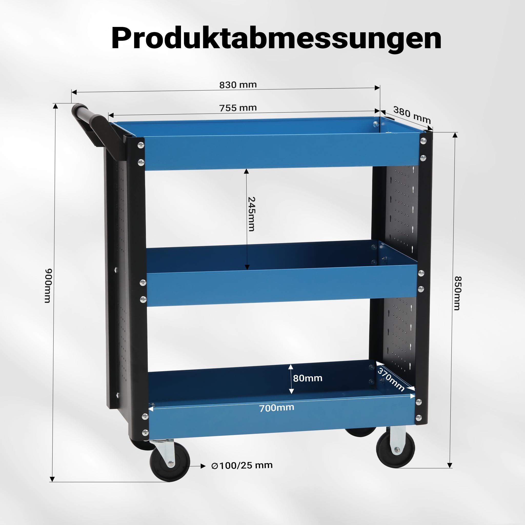 Wiltec Werkstattwagen mit 3 Etagen, 150 kg, 83x38x90 cm, Handgriff, Kunststoffreifen, Bremsen, Ablageflächen mit erhöhtem Rand, Werkzeugwagen, Rollwagen