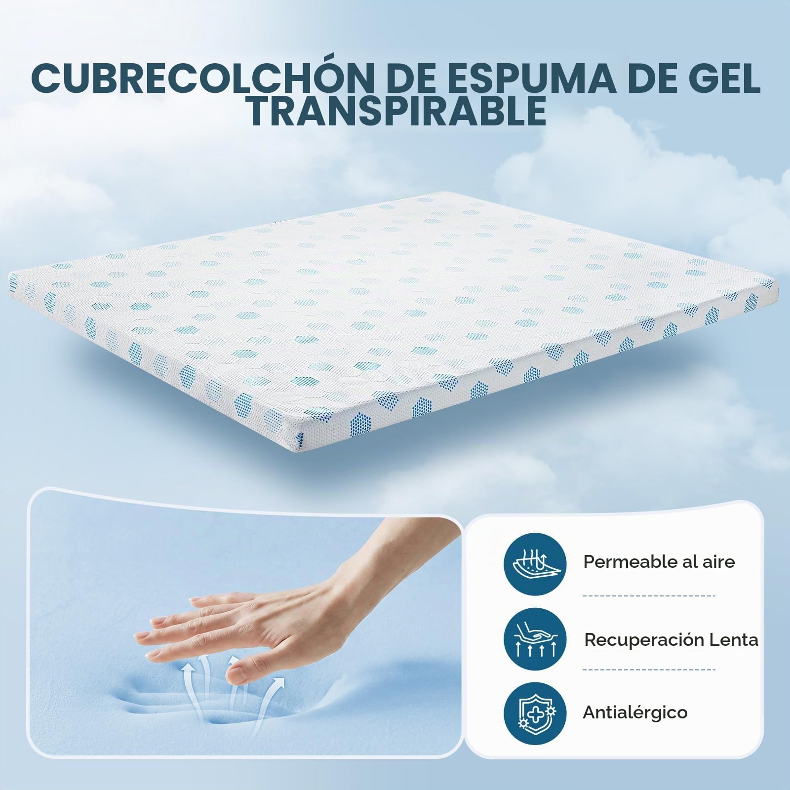 Topper Viscoelástico 140x190 Grosor 7 cm, Cubrecolchon con Gel Transpirable | Sobrecolchon Espuma Alta Densidad, Funda Lavable, Correas, Compatible con Muelles, Caravanas, Sofá, Individuales y Matrimonio
