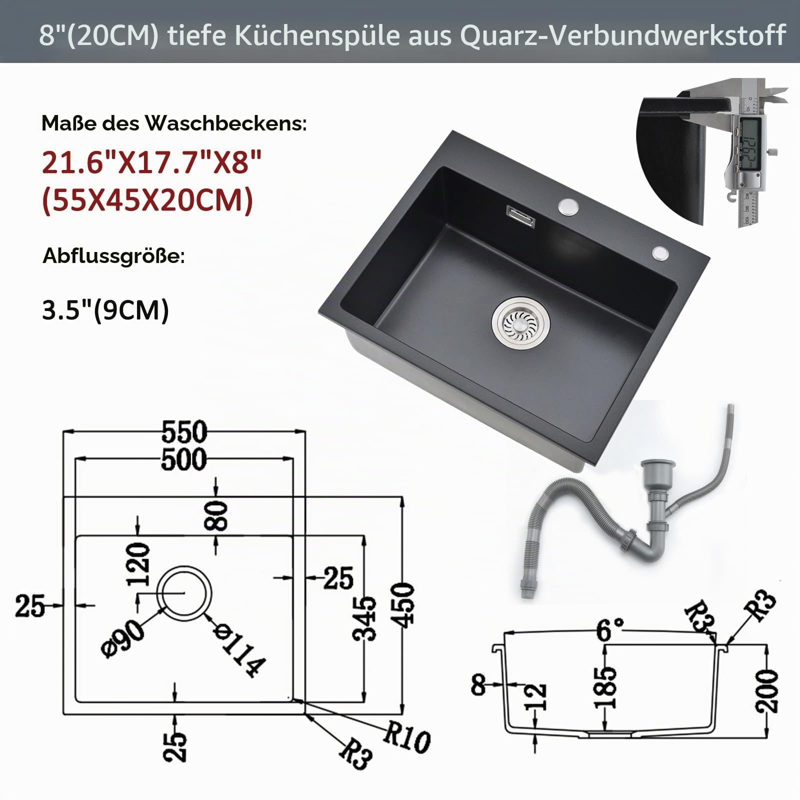 Spülbecken Schwarz 55x45cm, Küchenspüle aus Granit, 1 Becken Einbauspüle, Spüle Schwarz, Küchenspüle Rechteckig, Moderne Einbauspüle Granit, Waschbecken Küche, Einzelbecken mit 2 HahnLöcher
