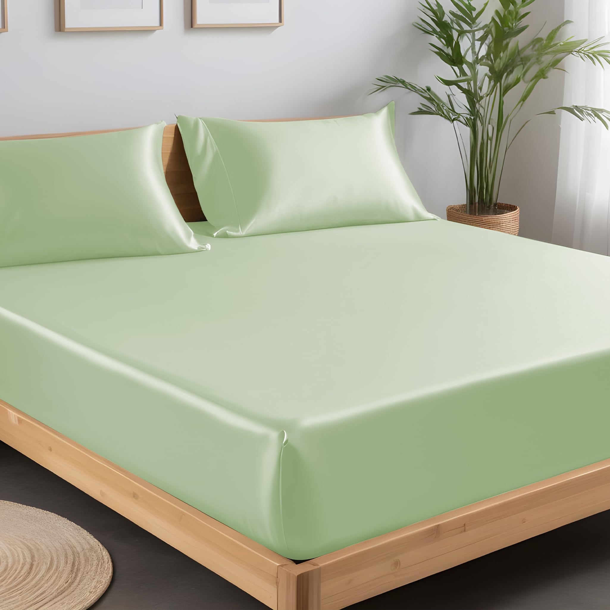 LINENWALAS King Fitted Sheet with Pillowcases, 100% Tencel Eucalyptus Silk Sheet up to 40 cm Deep Pocket, Premium Luxury Cooling Bed Sheet (King, Sage Green) โ image 1
