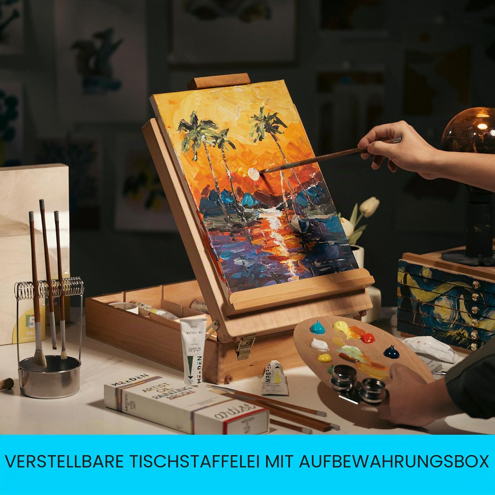MEEDEN Große Studio Skizzenkasten Staffelei, Verstellbare Tischstaffelei aus massivem Buchenholz, Kunstbedarf-Aufbewahrungskasten mit Fächern für Pastelle, Bleistifte, Pinsel, Max. Leinwand 71cm