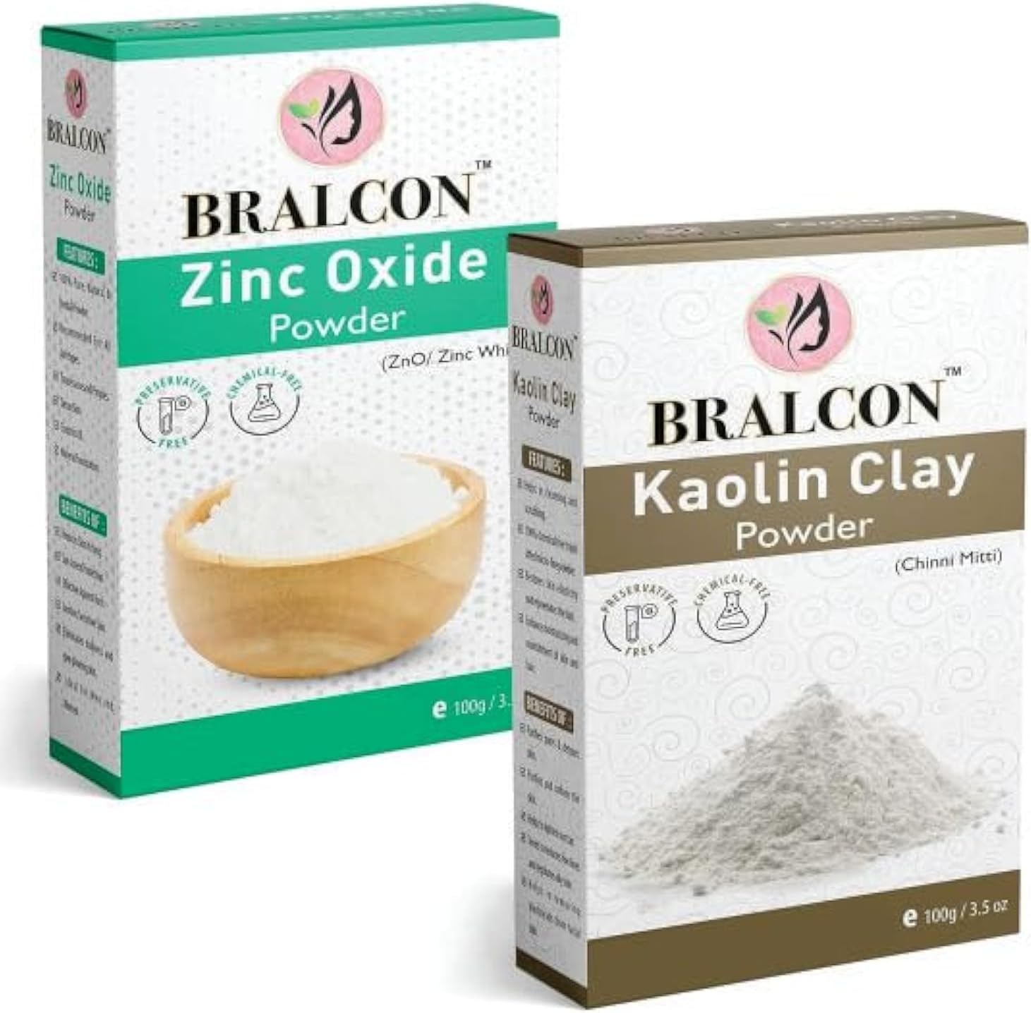 BRALCON Kaolin Clay Powder and Zinc Oxide Powder Non Nano Combo - 200g (100g x 2 Pack) for Face Pack, Skin Care, Healthy Hair and Sunscreen Lotion