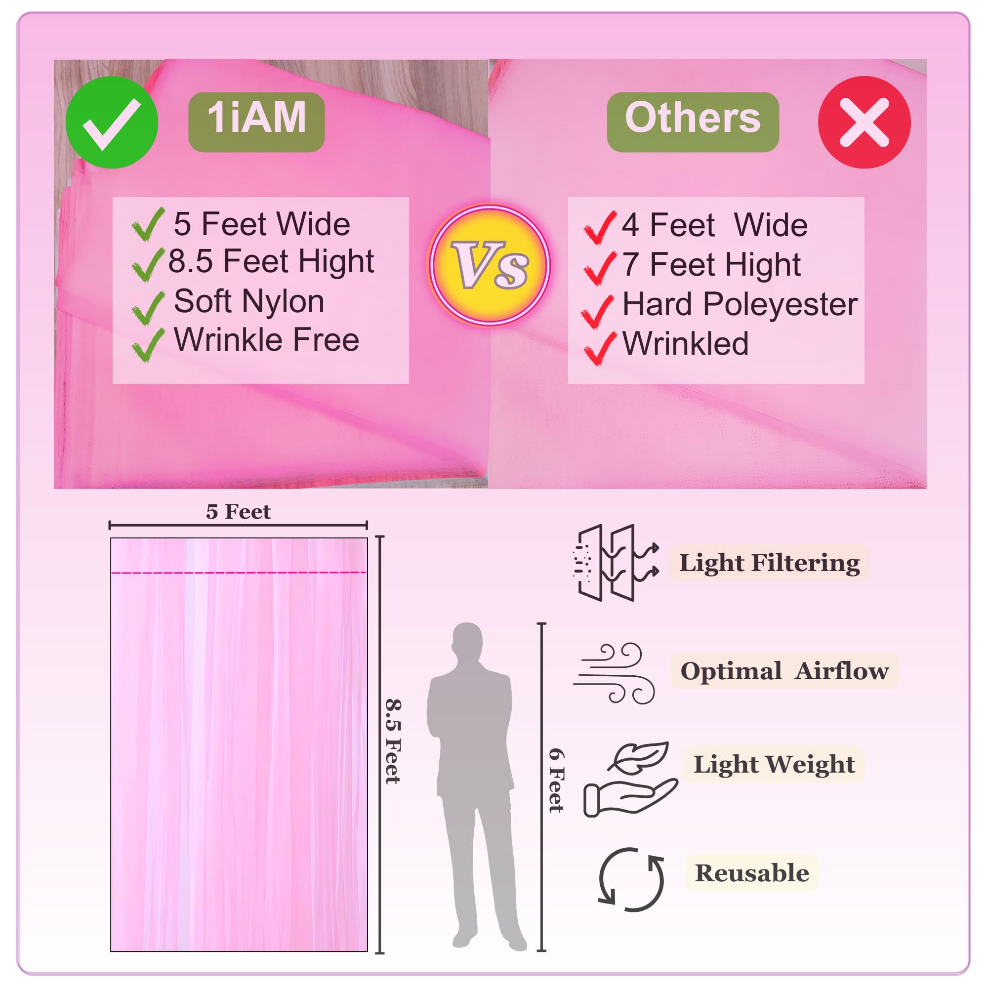 1iAM 2pcs Pink Decoration Net Curtains - Large Size, Stitched with Ribbon, Nylon Made, Reusable, Soft, Wrinkled Free, 8.5x5ft Each, Backdrop Net for Birthday, Anniversary Party Decoration 2