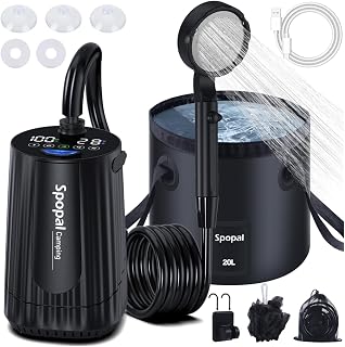 Spopal Ducha Portatil Camping, [Pantalla Temperatura] 10000mAh Recargable Ducha Camper con Cubo Plegable, Modo de Doble Velocidad, Ducha Electrica para Acampar, Hacer Caminatas, Duchas para Perros